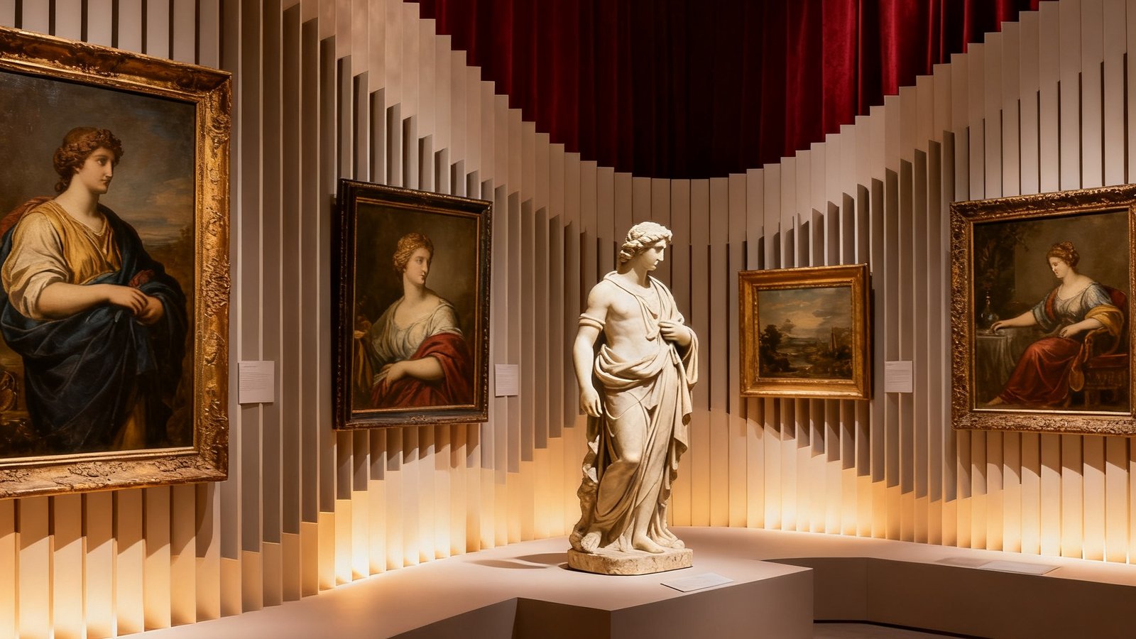 一幅高清摄影作品展示国际艺术品拍卖预展现场，多件珍贵油画与古典雕塑在柔和灯光下陈列于展台上，背景是深红色帷幕与水晶吊灯