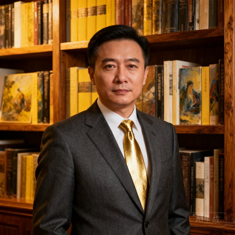 一张巴比伦贵宾会创始人李铭远先生的半身肖像照，他身着深灰色西装搭配金色领带，背景是布满艺术书籍的书房，神情沉稳自信