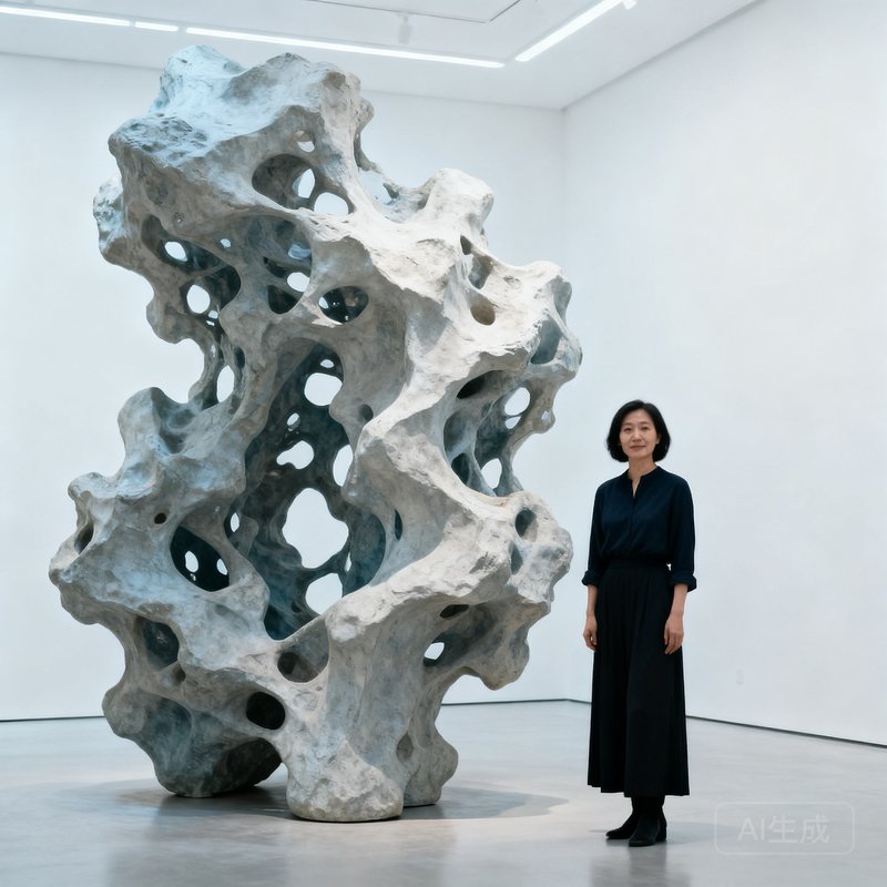 一张巴比伦贵宾会当代艺术部策展人陈雅文女士的肖像照，她站在白色画廊空间内，身旁是一件大型抽象雕塑装置作品