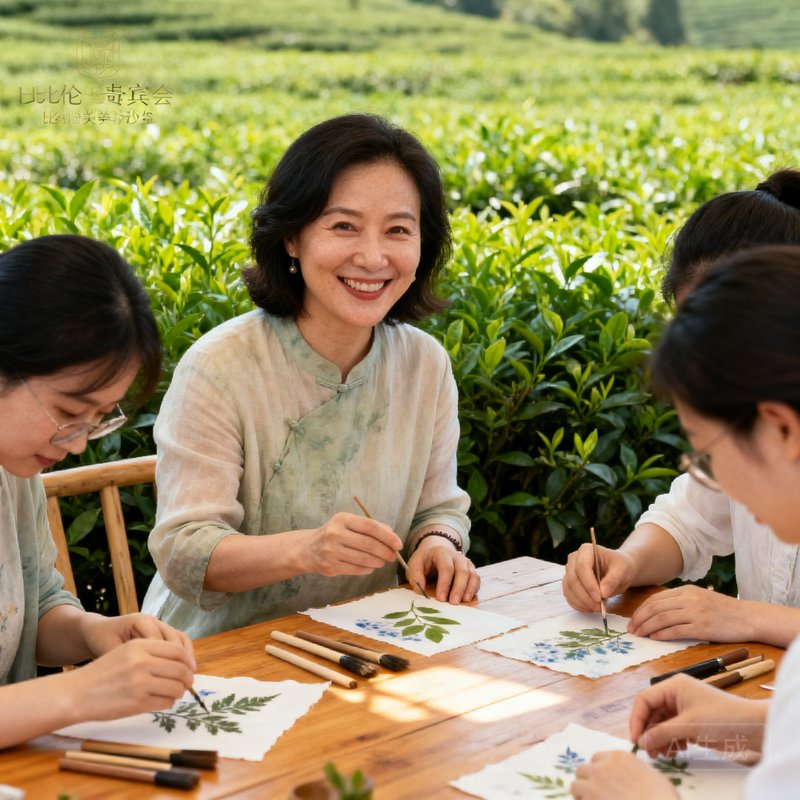 一张巴比伦贵宾会美学沙龙主理人周若兰女士的肖像照，她正在户外茶园中指导参与者进行植物拓染创作，笑容温暖亲切